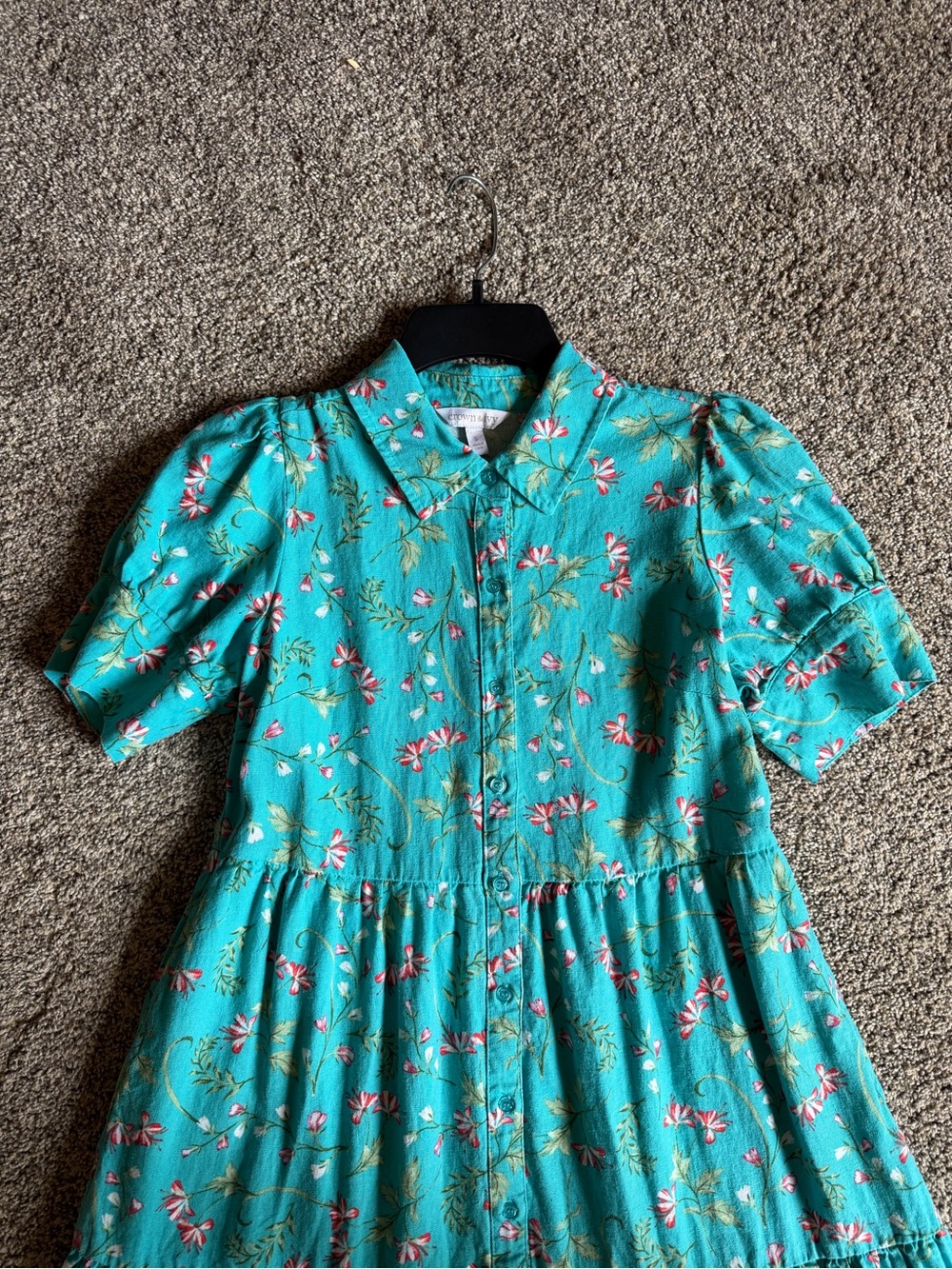 Turquoise Floral Collared Tiered Button Front Midi ShirtDress Pockets Linen Sz S - Picture 3 of 10